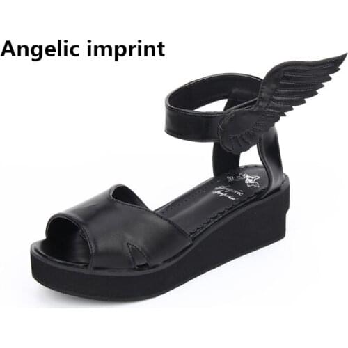 Angelic imprint woman mori girl lolita cosplay shoes lady mid heels pumps women princess summer sandals 33-47 black angel wings