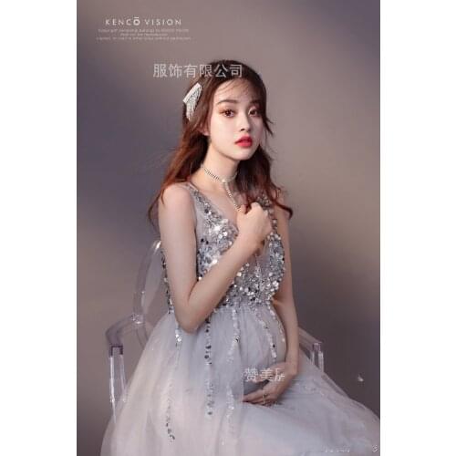 2021 Beading Pearl Maternity Photography Long Dress Full Sleeve Tulle Long Dress For Maternity Photo Shoot