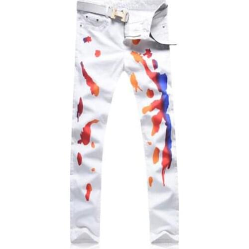 New Mens male fashion fashion colored painted white print jeans Casual slim stretch denim pants trousers