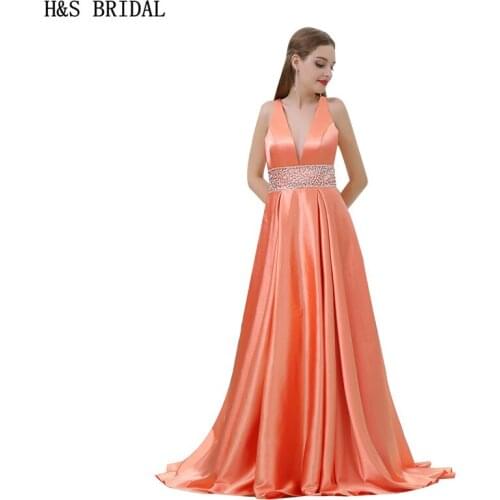 H&S BRIDAL V Neck Orange long dresses evening Beading Waist V Back evening gowns 2017 Satin vestido de festa