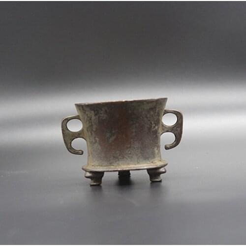China Collection Hand-carved Retro Bronze Mini Double Ear Zen Character Bottom Censer Decoration