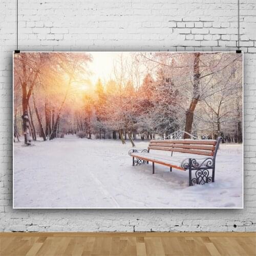 Laeacco Winter Sunshine Pine Forest Park Chair Snowfield Nature Scenic Photocall Baby Photographic Background Photo Backdrops