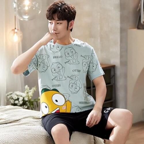 Summer Men Pajamas Set Cartoon Little Dinosaur Print Cotton Plus Size Nightwear Short Sleeve Mens T-Shirt Soft Casual Sleepwear