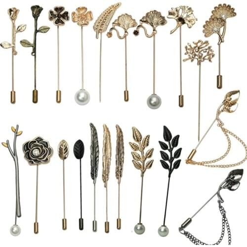 2020 Vintage Crystal Camellia Feather Men Suit Brooch Pin Simple Rose Flower Scarf Pin Ginkgo Leaves Chain Women Brooches Pins