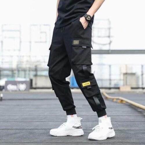 Mens Side Pockets Cargo Harem Pants 2021 Ribbons Black Hip Hop Casual Male Joggers Trousers Fashion Casual Streetwear Pants