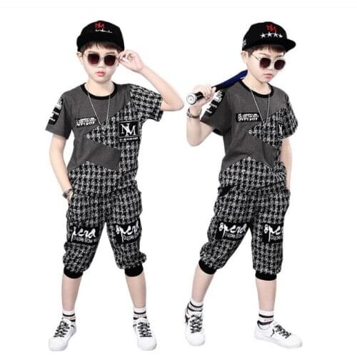 Boys Casual Clothes Kid Boy Clothing Set Summer Children Short Sleeve Plaid T-Shirt + Pants 3 4 5 6 7 8 9 10 11 12 13 15 Years