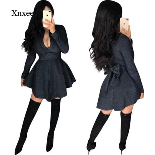 Autumn New Style Ladies Denim V-Neck Big Swing Long-Sleeved Mini Dress Fashion Knotted Back Stitching Denim Dress