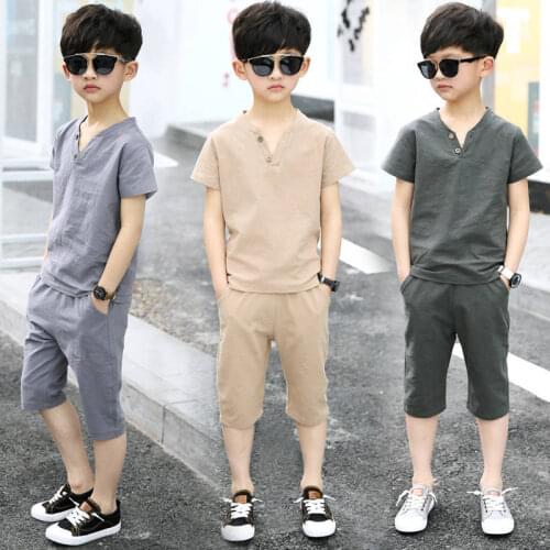 2-13Y Kids suit summer 2021 new handsome boys summer clothes childrens cotton and linen fashion short sleeve T-shirt + shorts