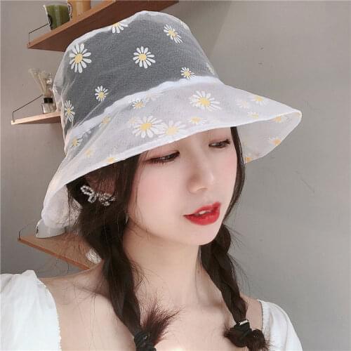 New Hot Female Hollow Mesh Daisy Flower Vintage Bucket Capes Summer Japan Korea Breathable Thin Sunshade Fisherman Hat