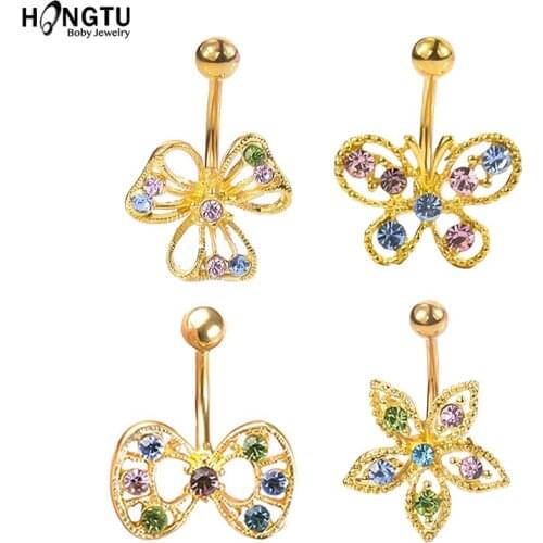1PC Surgical Steel Butterfly Belly Button Piercing Gold Crystal Belly Button Rings Piercing Navel Earring Piercings Jewelry 14G