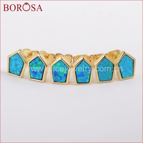BOROSA New Fashion Gold Color Bezel Shield Blue Opal Stud Earrings Japanese Opal Earrings for Women Girls Jewelry ZG0228