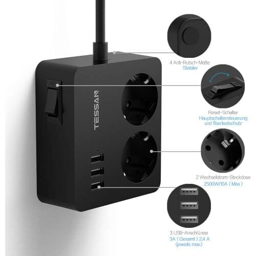 TESSAN EU Travel Socket Power Strip with On/Off Swtich 2 AC Outlets 3 USB Ports and 1.5M/5ft Extension Cord for Home, Office