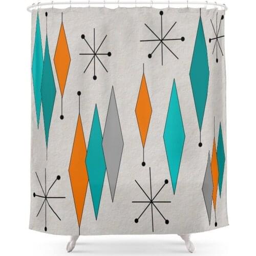 Mid-Century Modern Diamond Pattern Shower Curtain with Hooks Doormat Bath Floor Mat Bathroom Home Decor