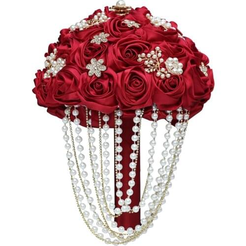 Wedding Bride Holding Flowers European and American Popular Ribbon Rhinestone Pearl Bridal Bouquets Decoration Gift Ornaments