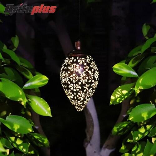 Solar Hanging Lights Drop Shaped Olive Shaped Metal Art Lamp Waterproof Garden LED Lantern Decorative for Yard Lawn Courtyard