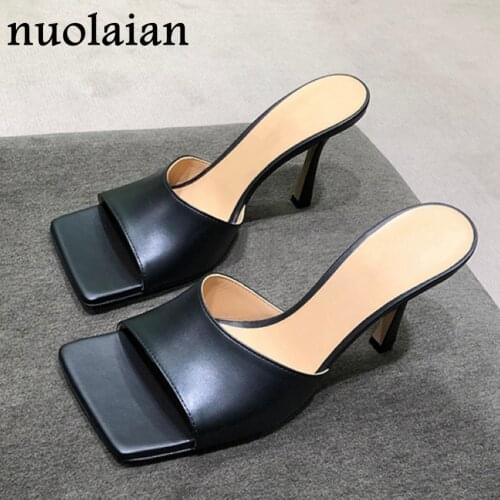 9CM Square Toe Shoes Womens Summer High Heel Shoes Black Leather Spring Pump Shoes Women Sandals Ladies High Heels Pumps Shoe