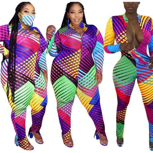 Plus Size Women Geometry Printing Jumpsuits Casual Ladys Deep V-neck Full Sleeve Zipper Bodycon Rompers 2020 Autumn Latest