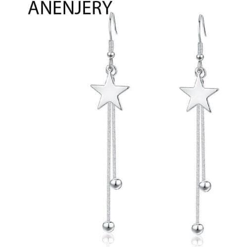 ANENJERY 925 Sterling Silver Star Long Tassel Earrings For Women pendientes oorbellen S-E465