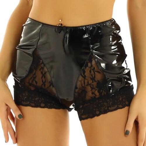 Womens Pole Dance Shorts Wet Look Patent Leather High Waist Front Lace Panel Panty Festival Boy Shorts Underwear Rave Shorts