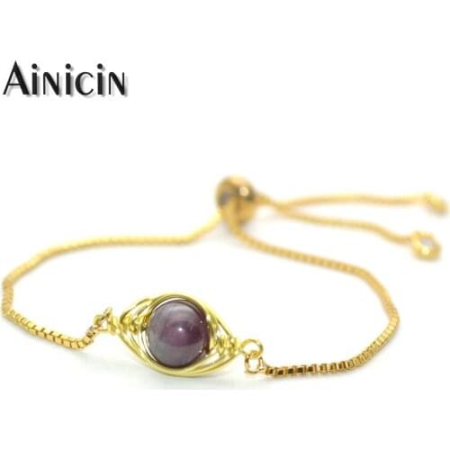 1pc Natural Purple Crystal Handmade Manual Twist Eyes Shape Sliding Clasp Adjustable Chain Bracelets for Women gift Jewelry