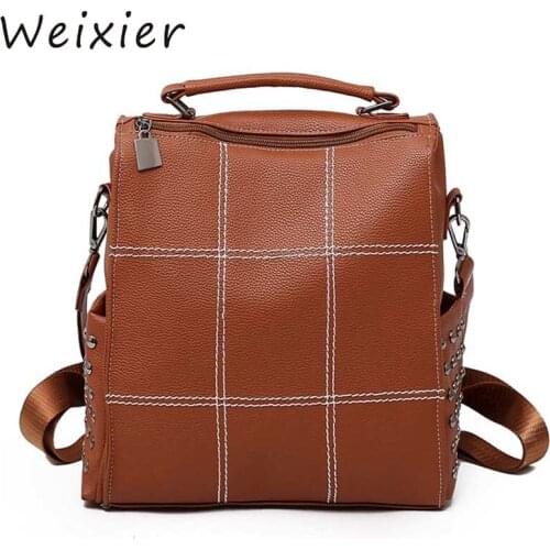 WEIXIER Plaid Backpack Women 2018 Fashion PU Leather Vintage Backpacks Girls Rivets Large Capacity School Bag Mochilas AL-51