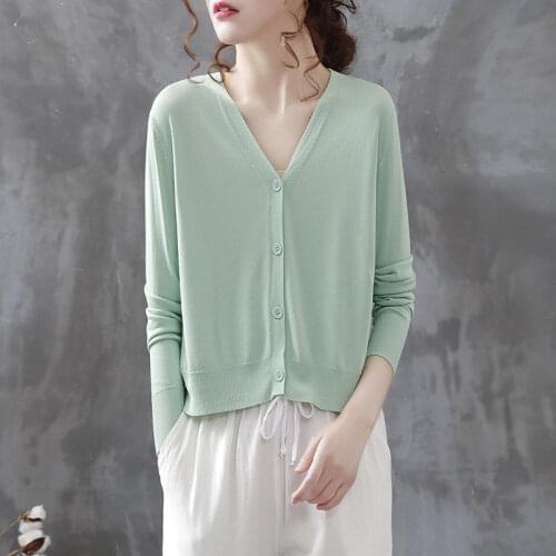 Women 2021 Summer Solid Color Cardigan Coat Female V Neck Thin Knitted Sweater New Air Conditioning Sunscreen Casual Tops L622