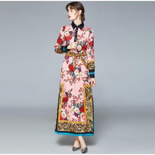 2021 Spring Summer Luxury Rose Floral Hoiday Maxi Shirt Dress Women Collar Full Sleeve Flower Print Split Long Runway Dress Belt