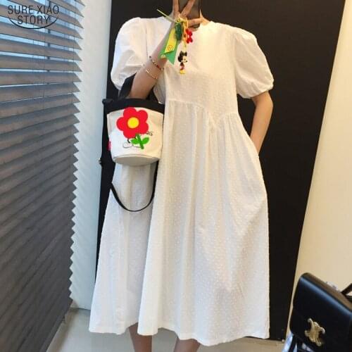 2021 Summer Cotton Long Dress Casual Vintage O Neck Dresses for Women Loose Puff Sleeve Party Dress White Robe Femme 13850