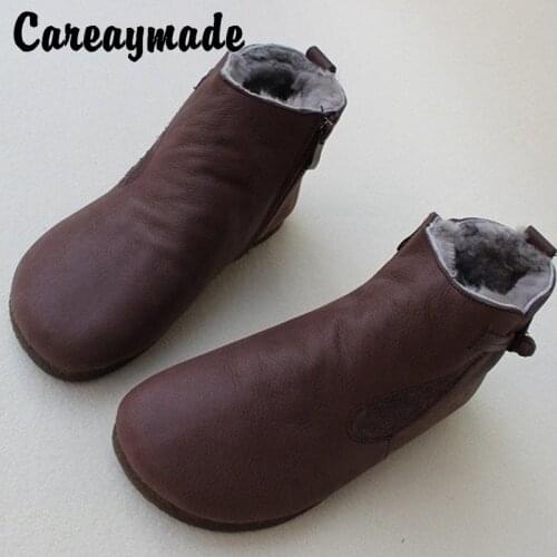 Careaymade-Winter pure wool retro warm high top womens shoes,leather and fur one-piece beef rib sole and thick plush boots