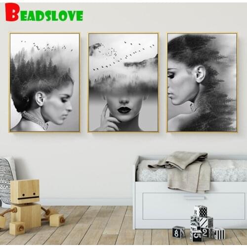 3d Abstract Beautiful Forest Girl Black and white Diamonds embroidery mosaic full square round drill 5d diy Diamond Painting