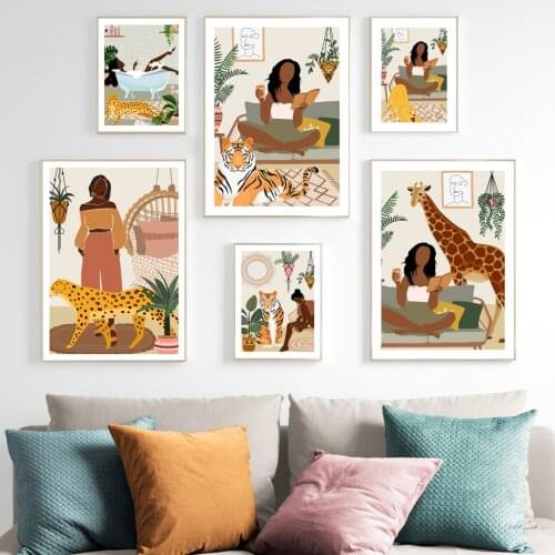 Boho Abstract Girl Giraffe Tiger Leopard Lion Wall Art Print Canvas Painting Nordic Poster Wall Pictures For Living Room Decor