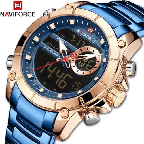 NAVIFORCE Men Military Sport Wrist Watch Gold Quartz Steel Waterproof Dual Display Male Clock Watches Relogio Masculino 9163