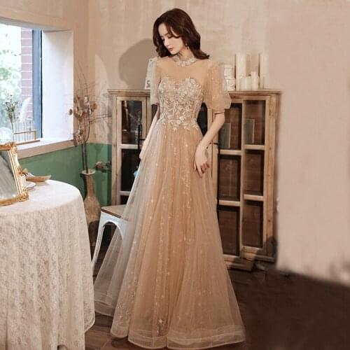 Elegant Embroidery Applique Chiffon Puff Sleeve Evening Dress Cheongsam Back Bandage Prom Fomail Gown Vestidos De Noche