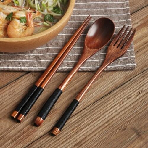Natural Wood Spoon Chopsticks and Fork Dinner Kit Rice Soup Utensil Cereal Handmade Dinnerware Tableware Cutlery for Kitchen