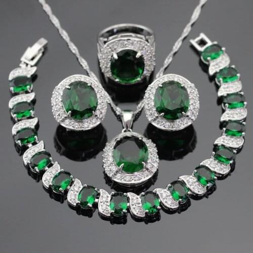 925 Silver Jewelry Sets Green Emerald Necklace Pendant Hoop Earrings Ring Bracelet For Women Gift Box