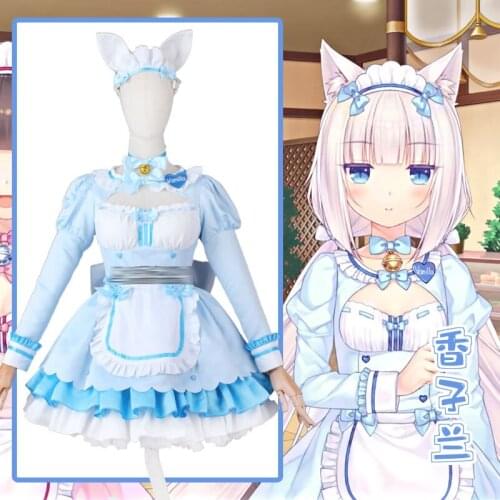 The Animie Nekomimi Paradise cos Vanilla Blue Cute maid With Cat tail Coslpay Costume outfit B