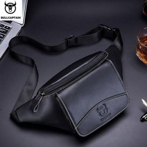 BULLCAPTAIN Cowhide Men Waist Bag Pocket Chest Bags Retro Male Leather Sling Chest Bags