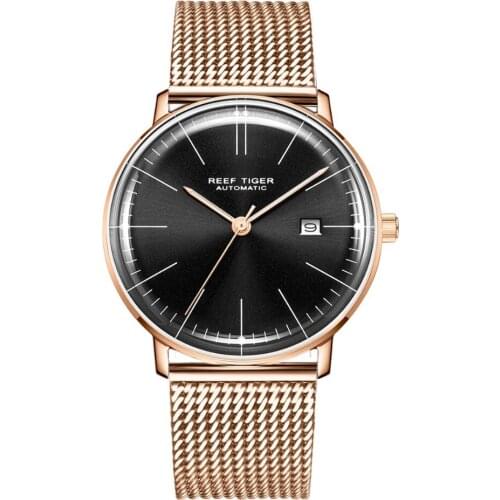 Reef Tiger Classic Serier RGA8215 Men Fashion Business Dress Ultra Thin Automatic Self-wind Mechanical Wrist Watch -Steel Band