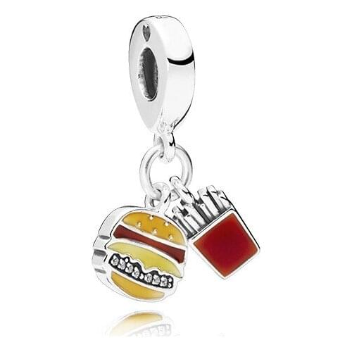 New Original Alloy Bead I Love Hamburger Dangle Charm Clear CZ Enamel Food Fit Pan Bracelet Bangle DIY Women Jewelry Dropship