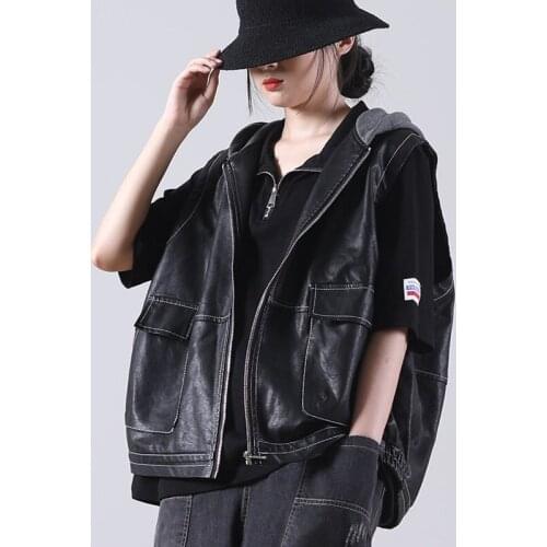 Autumn Women Waistcoat 2021 New Korean Version Loose Large Size Literary Stitching Hat Leather Vest Short Jacket Outerwear M468