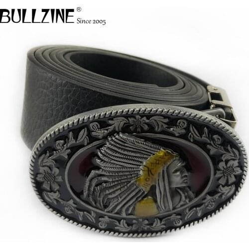 Bullzine zinc alloy retro INDIAN HEAD belt buckle Free PU belt Luxurious jeans gift belt buckle FP-03151 drop shipping