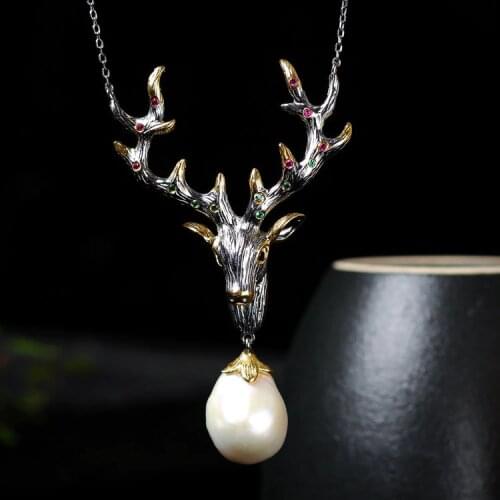 Retro Silver S925 Sterling Silver Elk Natural Freshwater Pearl Pendant Fashion Women Necklace Factory Wholesale