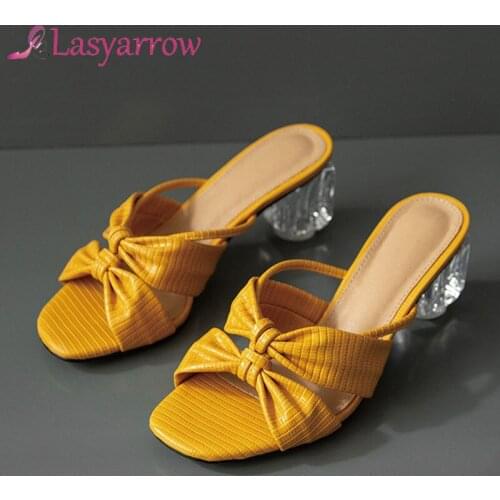 Lasyarrow 2020 Transparent Square Heel Summer Women Shoes PU Leather Butterfly-Knot Sandals Slingback Fashion Ladies Pumps