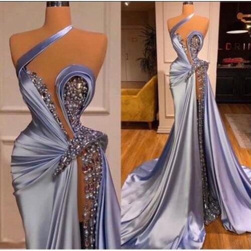 Sexy See Thru Mermaid Evening Dresses Luxury Pearls Beading Formal Party Night Gowns High Split Evening Gown Robe De Soiree