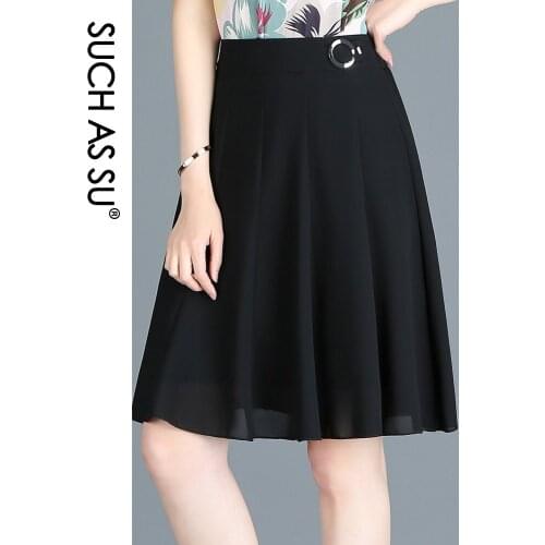 SUCH AS SU New Chiffon Skirt 2021 Black Elastic High Waist Fashion Pleated Skirt S-3XL Size Ladies Knee-Length A Line Skirt 5753