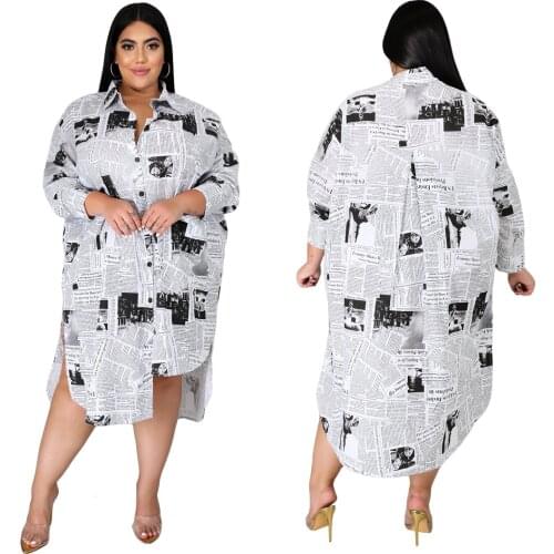 XL-5XL plus size dress women clothing 2021 fashion casual Newspaper printing long sleeve Shirt dresses Wholesale Dropshipping
