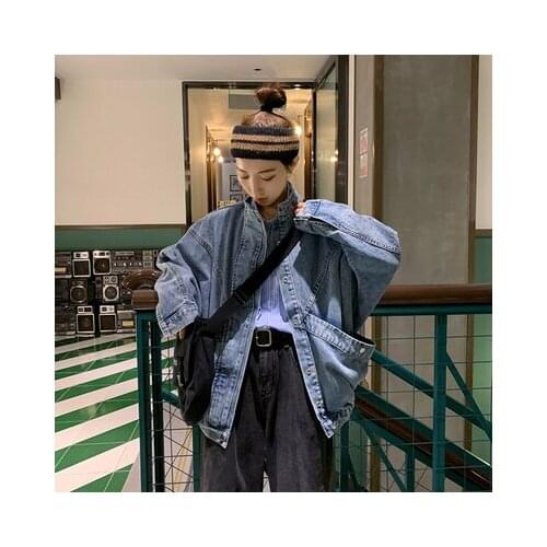Korean Style Loose Denim Jacket Women Batwing Sleeve Vintage Turn-down Collar Large Pocket Teen Girl Retro Denim Streetwear