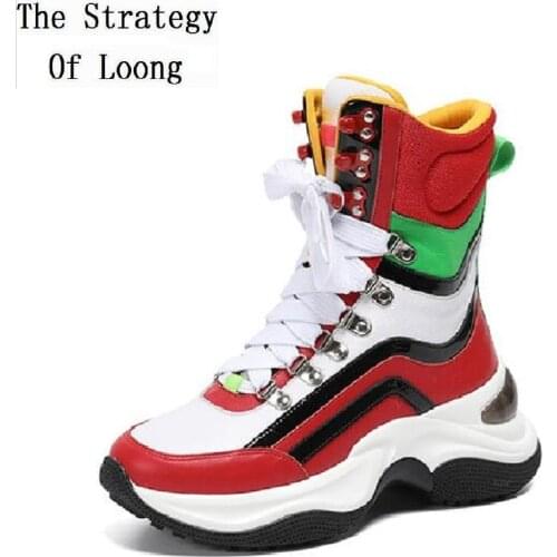 Spring Autumn Winter New Casual Platform Wedges Mixed Colors Genuine Leather Women Half Mid-Calf Boots Ladies Sneakers Shoes