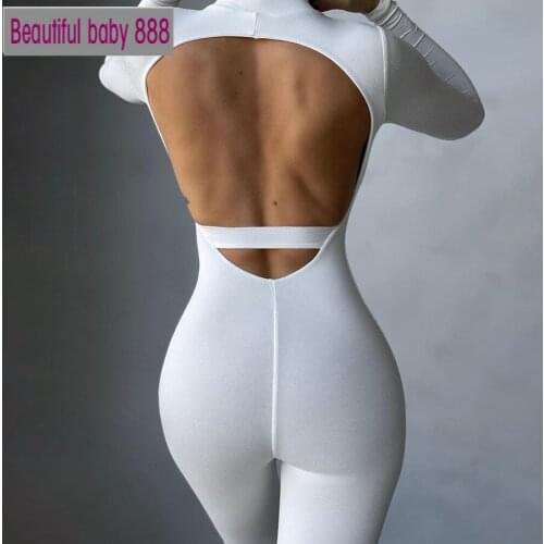 Meqeiss Solid Skinny Zipper 2021 Spring Autumn Tracksuit Women Fashion Sexy Hollow Out Backless Female Jumpsuit Streetwear