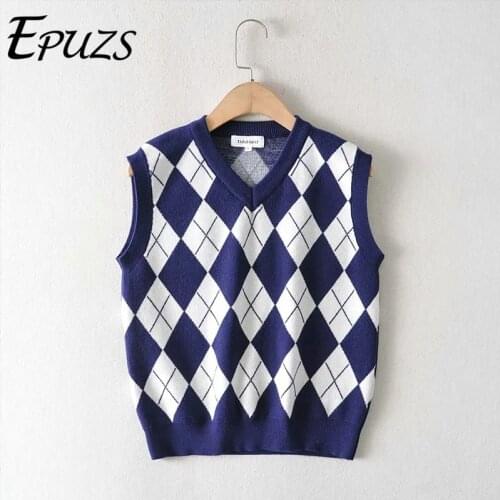 Tank Tops Knitted Sweater Women Eurpean Style V-Neck Sleeveless Bule White Argyle Puffovers Sweater Fashion Slim Vest Tops 2020